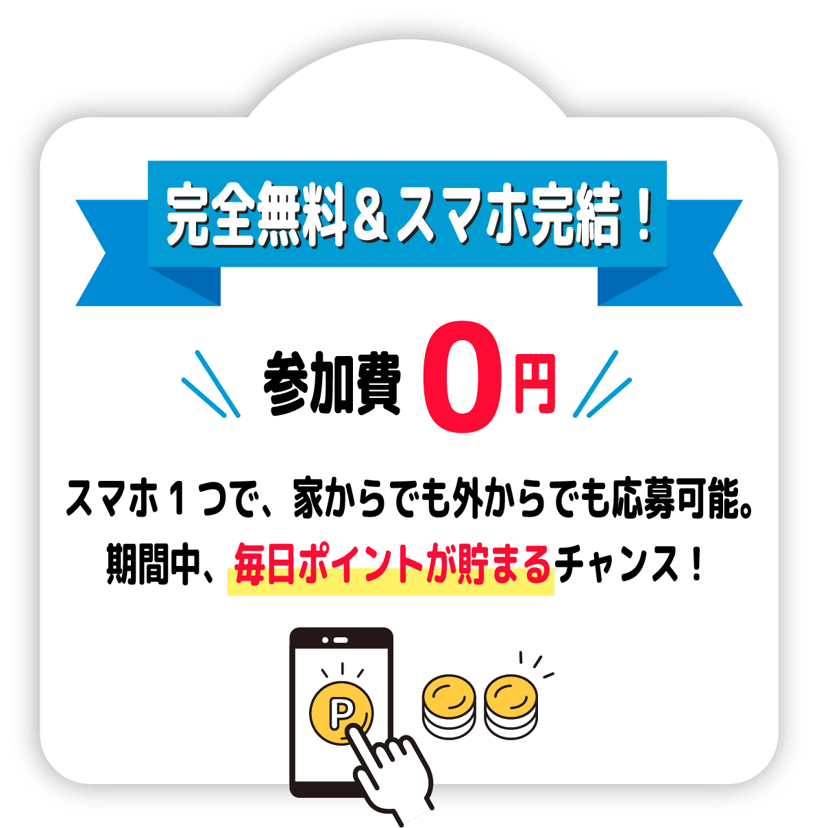 完全無料＆スマホ完結！参加費0円　スマホ1つで、家からでも外からでも応募可能。期間中、毎日ポイントが貯まるチャンス！