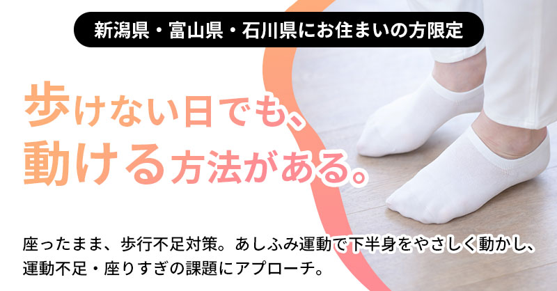 《新潟県・富山県・石川県にお住まい》の方限定 歩けない日でも、“動ける”方法がある。 座ったまま、歩行不足対策  あしふみ運動で下半身をやさしく動かし、運動不足・座りすぎの課題にアプローチ。