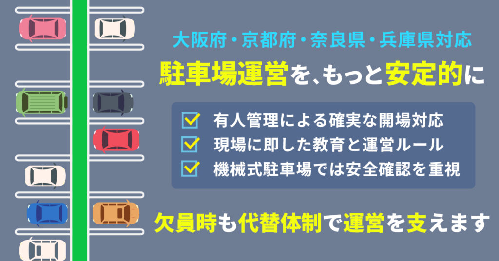 《大阪府・京都府・奈良県・兵庫県》対応　駐車場運営を、もっと安定的に。 有人管理による確実な開場対応。 現場に即した教育と運営ルール。 機械式駐車場では安全確認を重視。 欠員時も代替体制で運営を支えます。