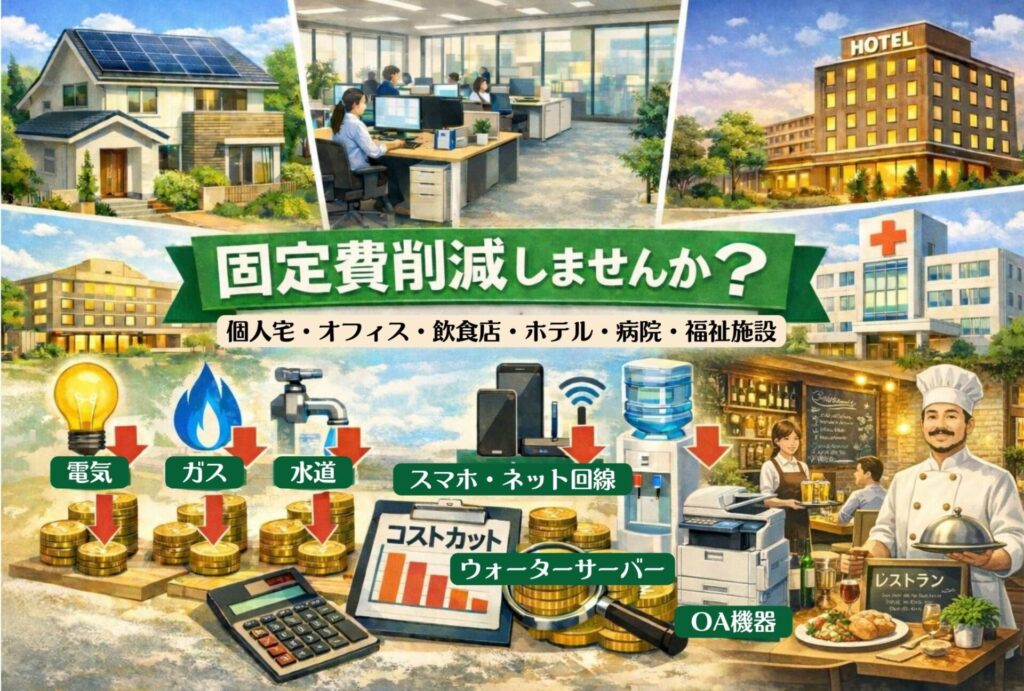固定費、まだ払いすぎ？ー電気・ガス・水道・スマホ・ネット・ウォーターサーバーまで。今の契約を見直すだけで、ムダを“無料で”洗い出します。ー