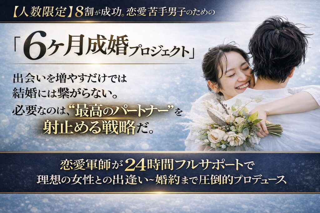 【人数限定】8割が成功。恋愛苦手男子のための『6ヶ月成婚プロジェクト』　　恋愛軍師が24時間フルサポートで理想の女性と出逢いから婚約までプロデュース。