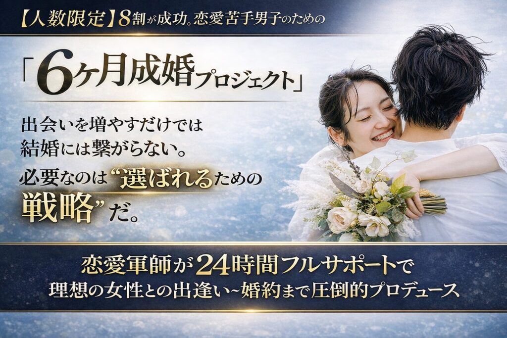 【人数限定】8割が成功。恋愛苦手男子のための『6ヶ月成婚プロジェクト』　　恋愛軍師が24時間フルサポートで理想の女性と出逢いから婚約までプロデュース。