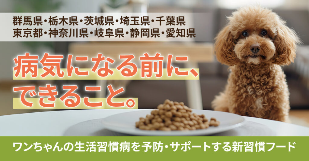 【群馬県・栃木県・茨城県・埼玉県・千葉県・東京都・神奈川県・岐阜県・静岡県・愛知県】病気になる前に、できること。ワンちゃんの生活習慣病を予防・サポートする新習慣フード。