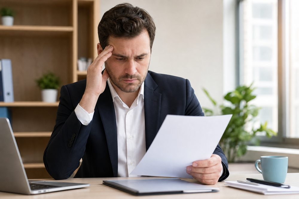 中小企業の経営者が顧問弁護士との契約書を確認している様子