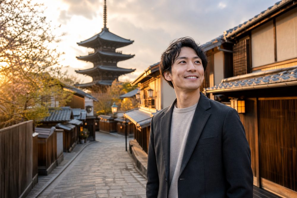 京都の街並みを背景に自信に満ちた笑顔で立つフランチャイズ開業を目指す人