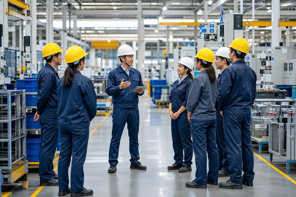 製造業の5S研修で整理整頓された工場現場と作業員チームミーティングの様子