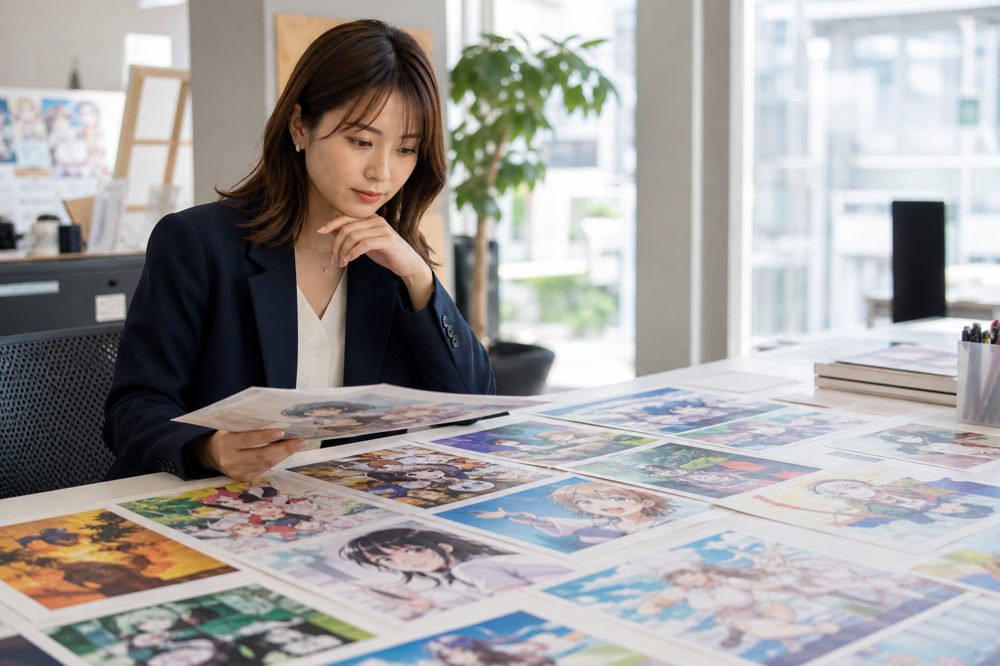 マンガ広告の制作物をオフィスで確認するマーケティング担当者