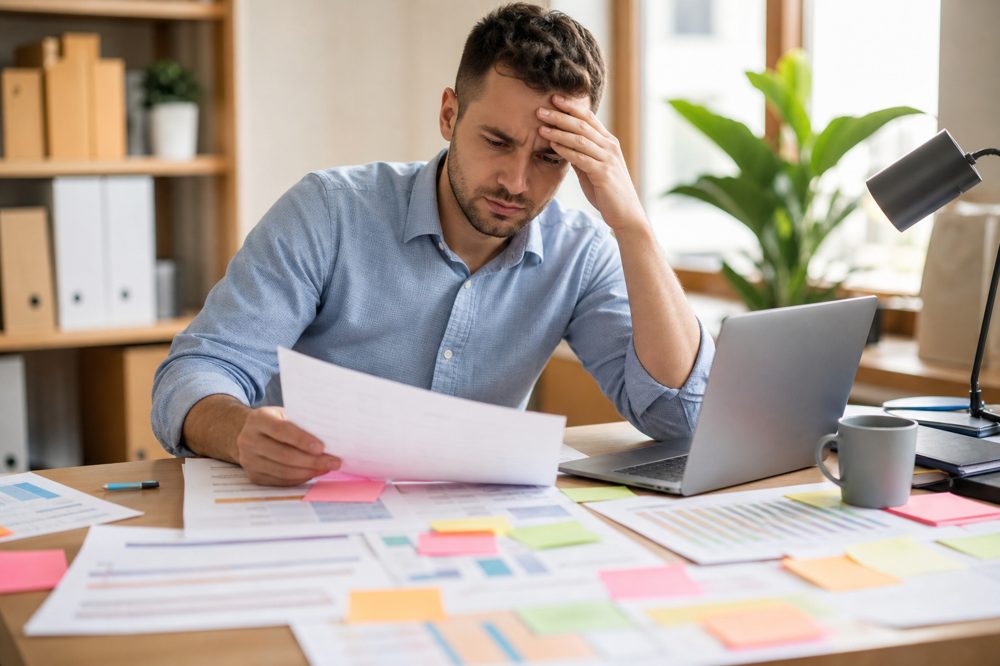 中小企業の営業担当者がExcel管理に悩む様子