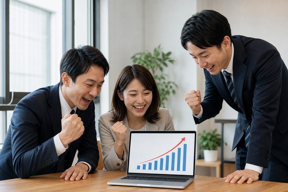 営業デジタル化成功後に成果を喜ぶ中小企業チーム