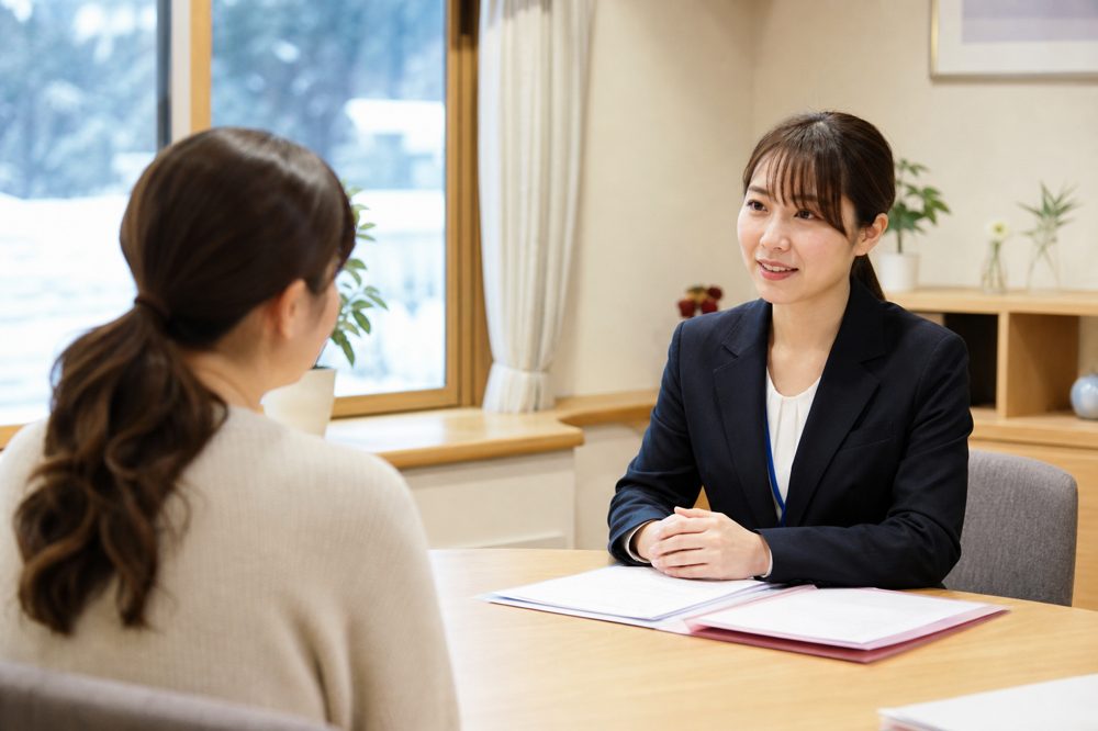 北海道の相談窓口で社労士と障害年金について話し合うシーン