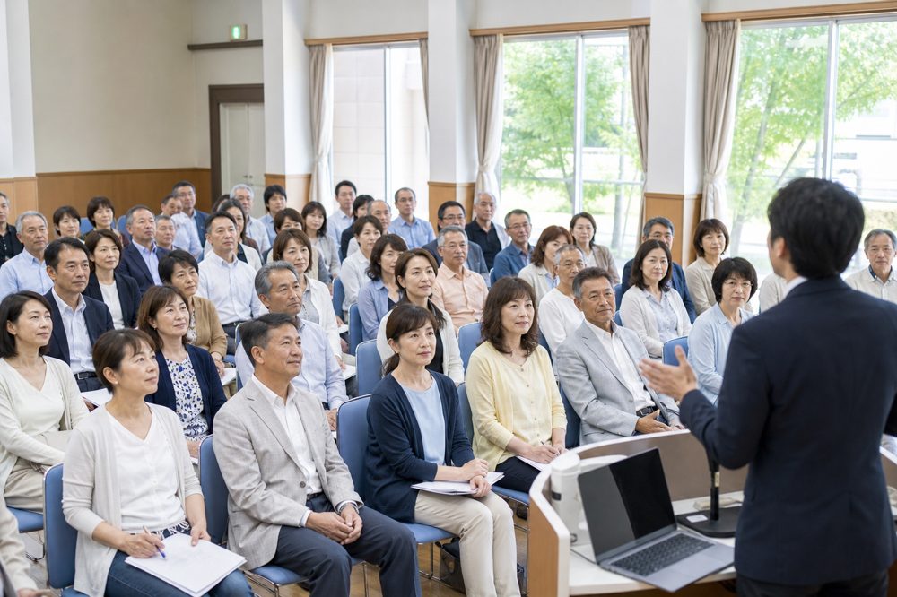 埼玉の地域セミナー会場で老後資金について学ぶ50代の参加者たち