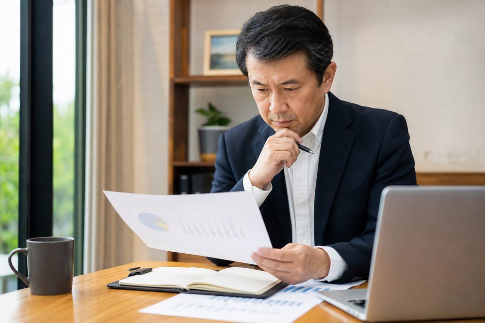 50代男性が自宅でファイナンシャルプランを真剣に見直している様子