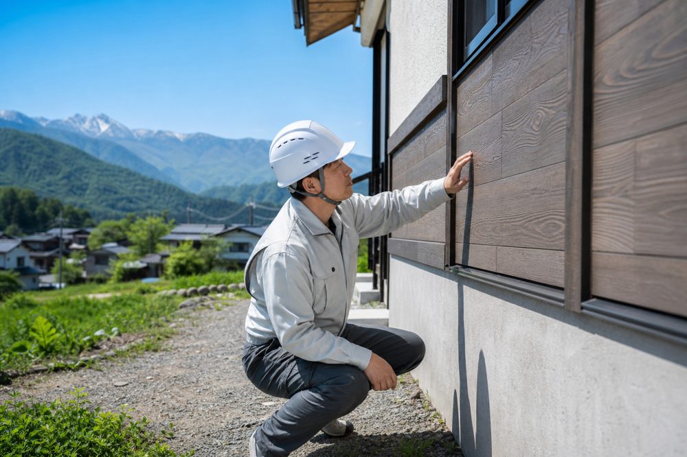 長野県北部の一軒家の外壁を点検する地元塗装業者の職人