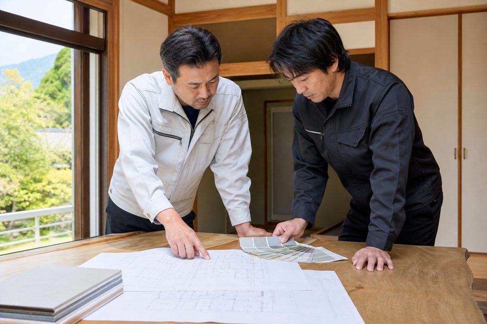 長野県北部の住宅で外壁塗装の見積もりを確認する業者と施主