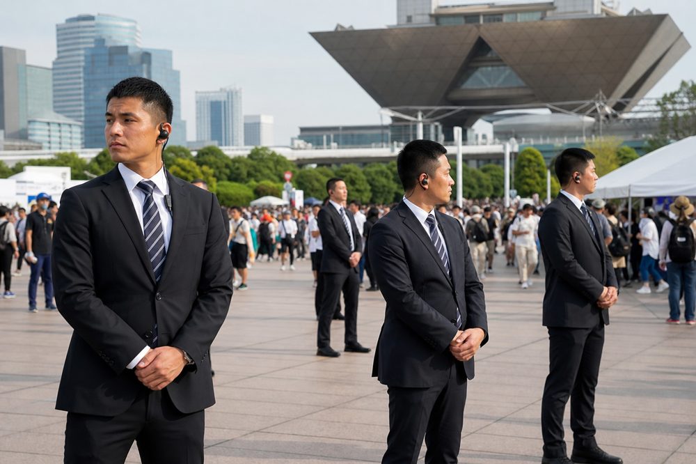 東京のイベント会場で警備員が来場者を誘導している様子
