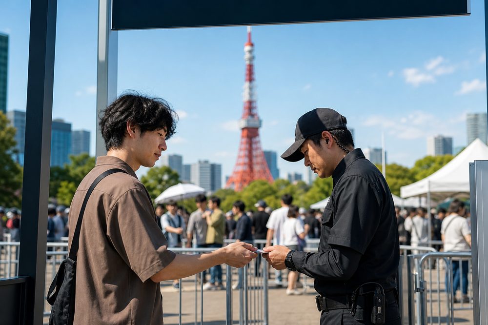 東京のイベント会場入口で警備員が入場チェックを行っている場面