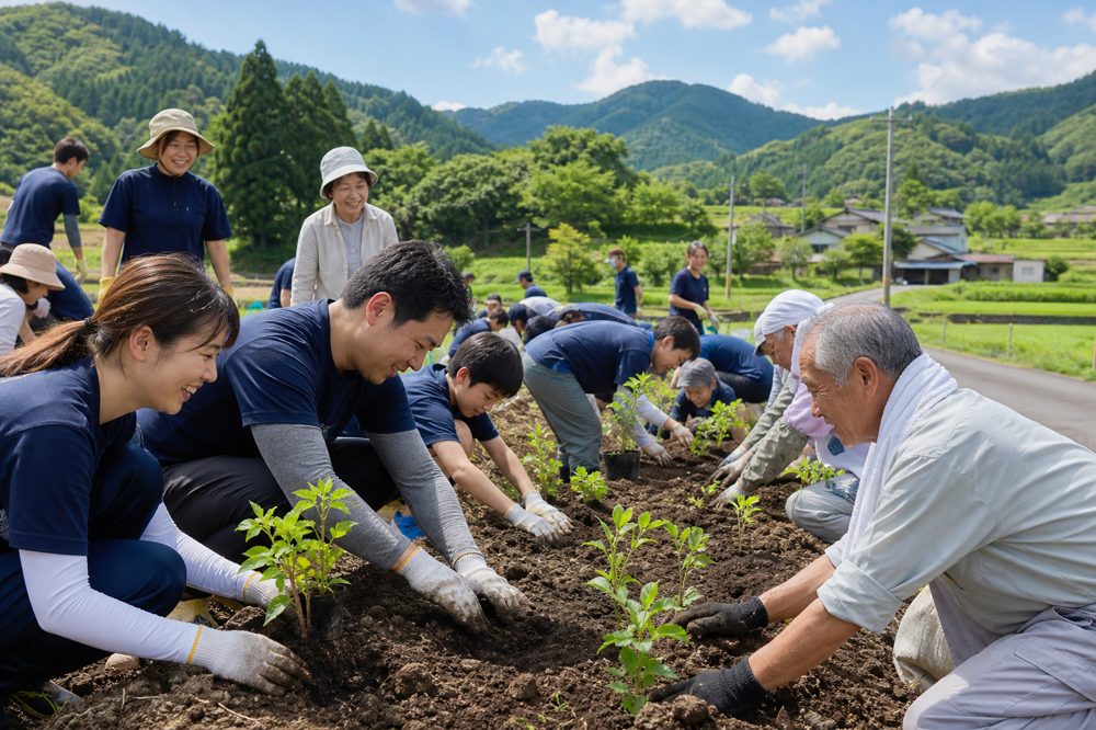 企業ボランティアと地域住民が協力する地方創生イベントの様子