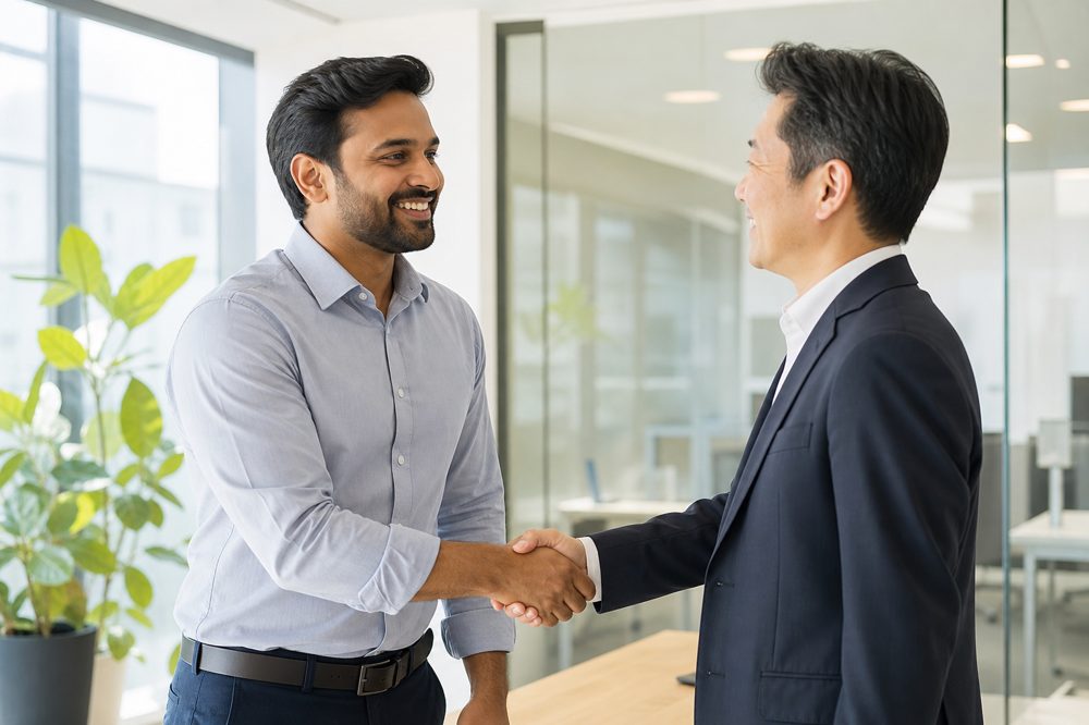 特定技能外国人と日本人経営者が握手している明るいオフィスの様子
