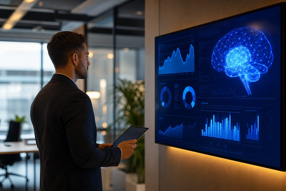 中小企業の経営者がAIダッシュボードで業務効率化を確認している様子