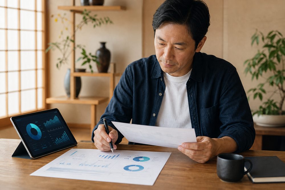中小企業の経営者がAI導入のROIと補助金を確認している様子