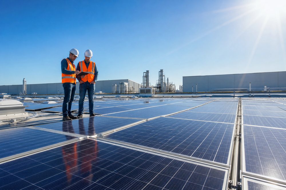 工場の屋根に設置された自家消費型太陽光発電パネルと点検する技術者