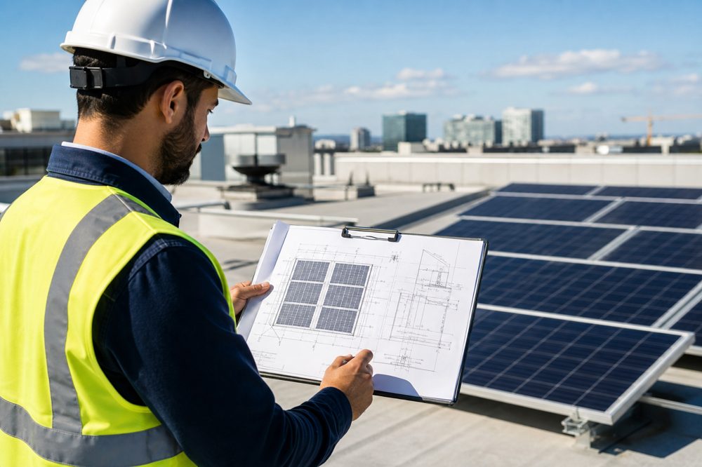 屋根上で施工図面を確認する太陽光発電の施工技術者