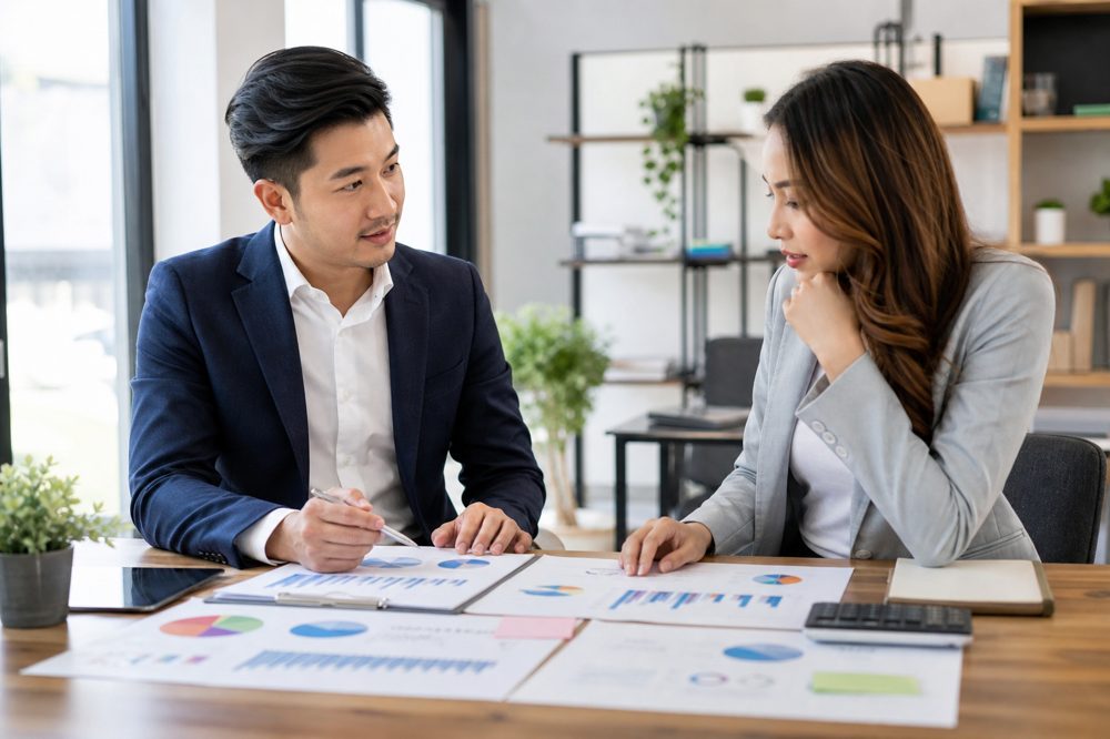 中小企業の経営者とコンサルタントがテーブルを挟んで事業計画書を確認しているシーン