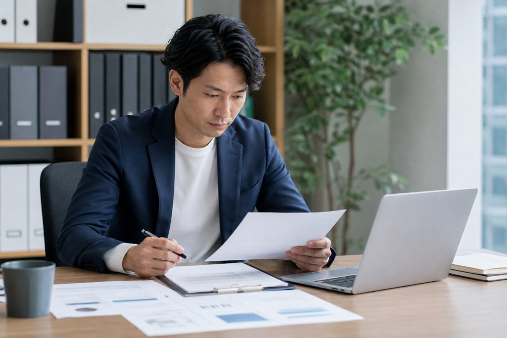 日本の起業家がパソコンと書類を広げてチェックリストを確認している様子