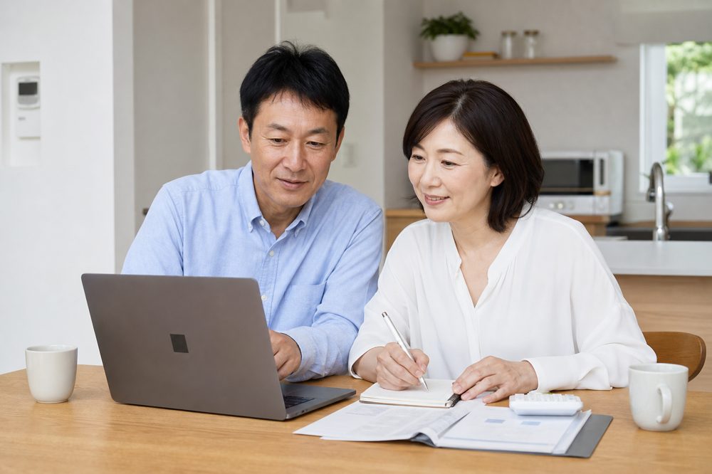 中高年夫婦がライフステージに合わせた資産形成プランを見直しているイメージ
