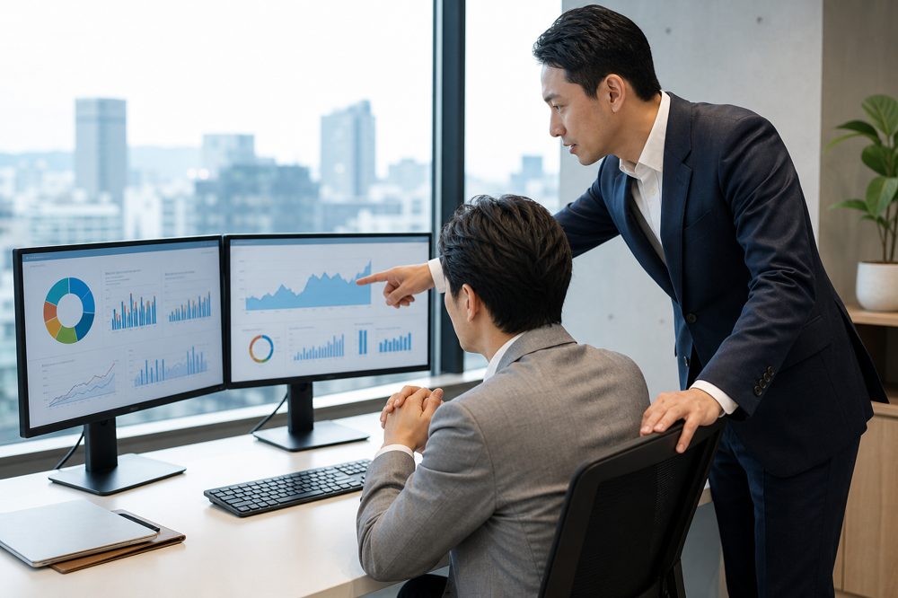 福岡オフィスでWeb集客・採用データを確認するビジネスオーナーとコンサルタント