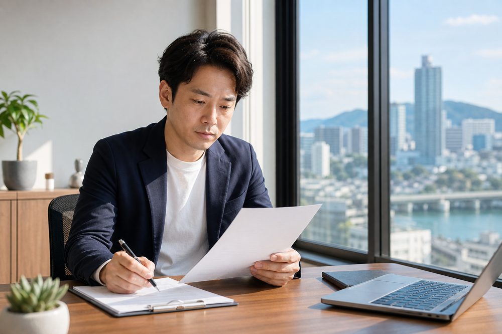 福岡の中小企業経営者が契約書とチェックリストを確認している様子