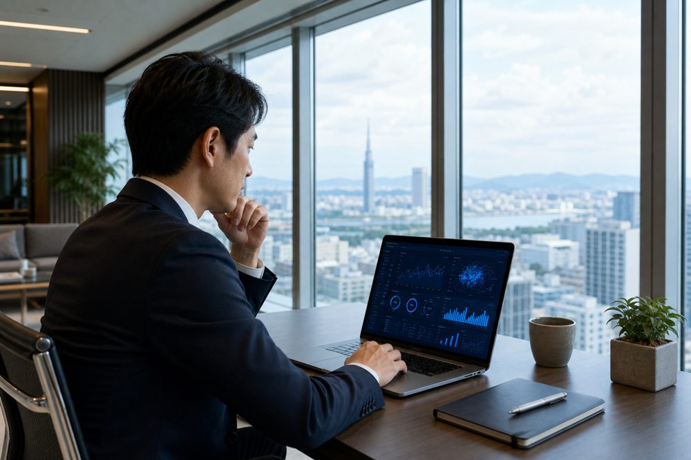 福岡のオフィスでAIダッシュボードを確認するビジネスパーソン