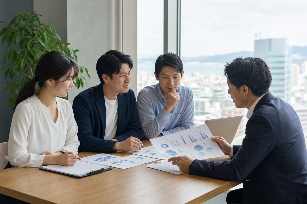 福岡の会議室でAI導入提案書を検討する中小企業チームとコンサルタント
