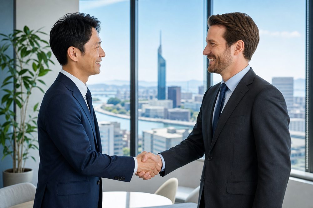 福岡のオフィスでAIプロジェクト契約を締結する二人のビジネスパーソン