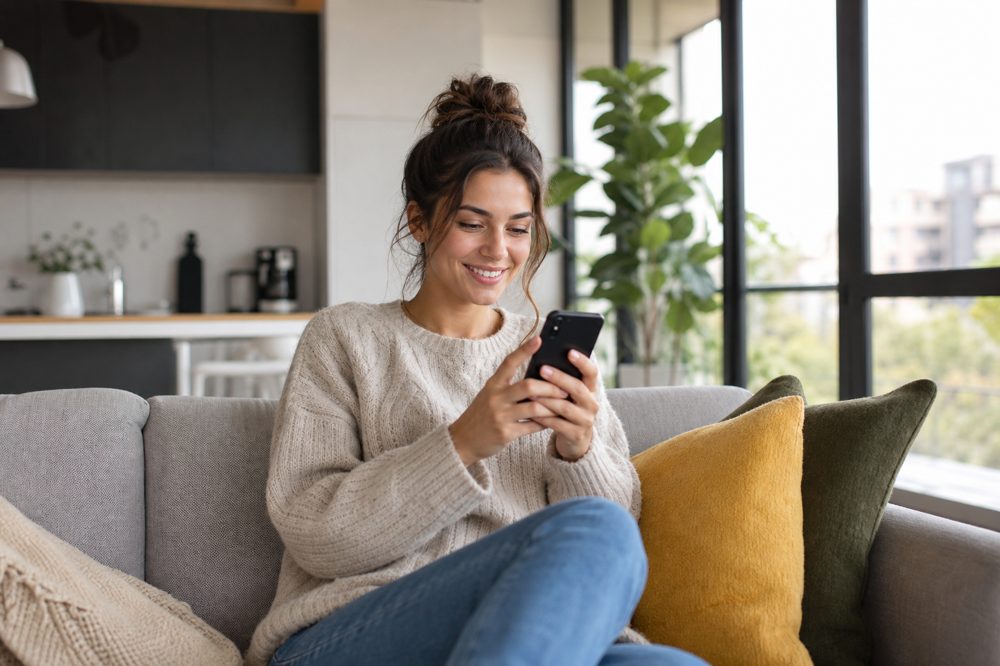 スマホで部屋探しをする一人暮らしの女性