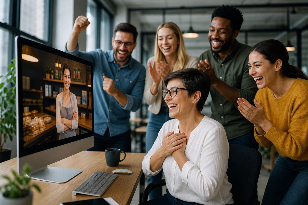 中小企業の動画制作完成後に喜ぶチームのイメージ