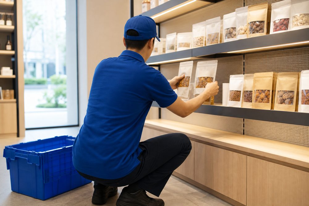 無人販売店で商品補充作業を行うスタッフ