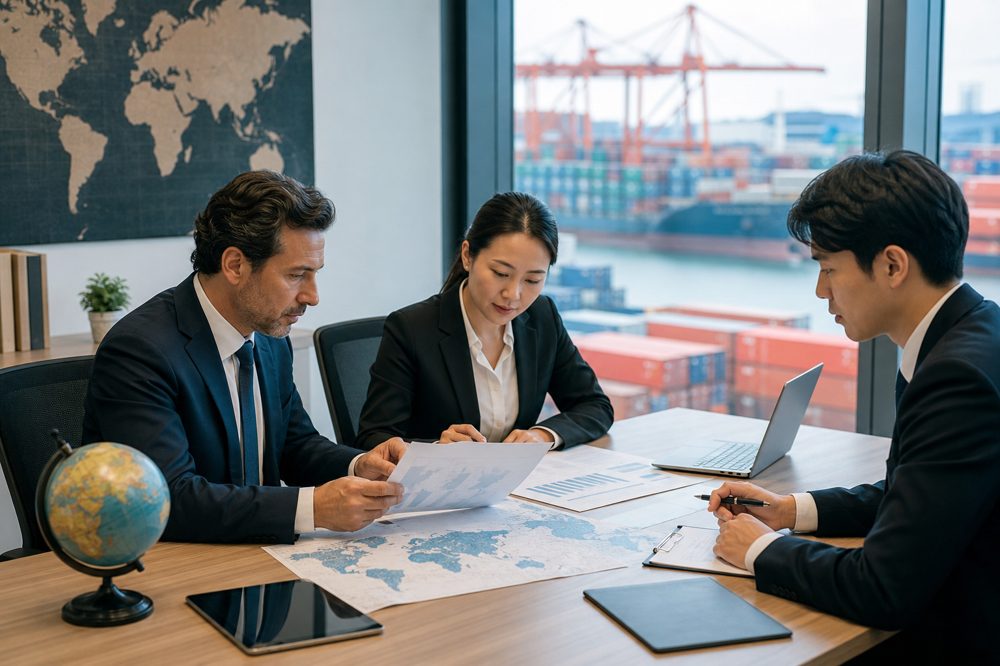 中小企業の貿易業務アウトソーシングをチームで検討する様子