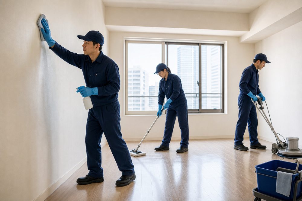 東京都内の空き部屋で原状回復クリーニングを行うプロの業者スタッフ