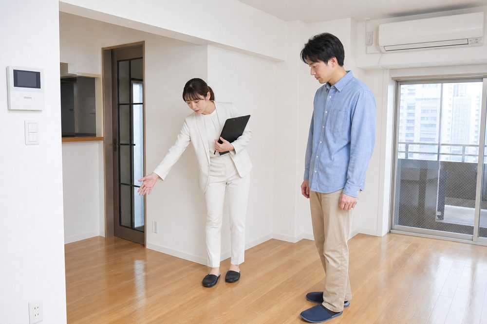 東京のアパートで退去立会いをする不動産担当者と入居者
