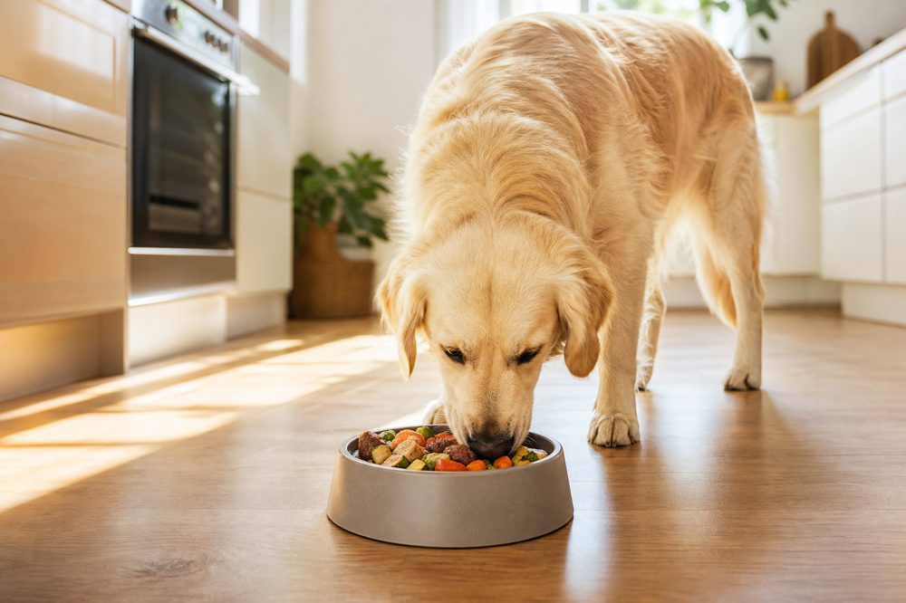 健康的なフードを食べる元気な犬