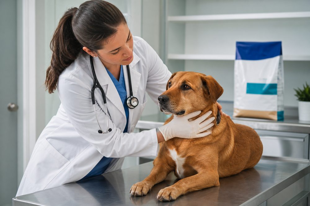 獣医師が犬を診察し療法食を処方している様子