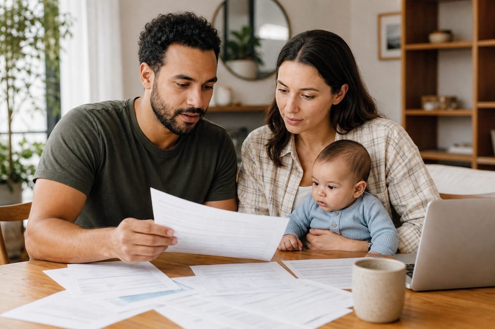子育て世代の夫婦がテーブルでお金の書類を確認している様子