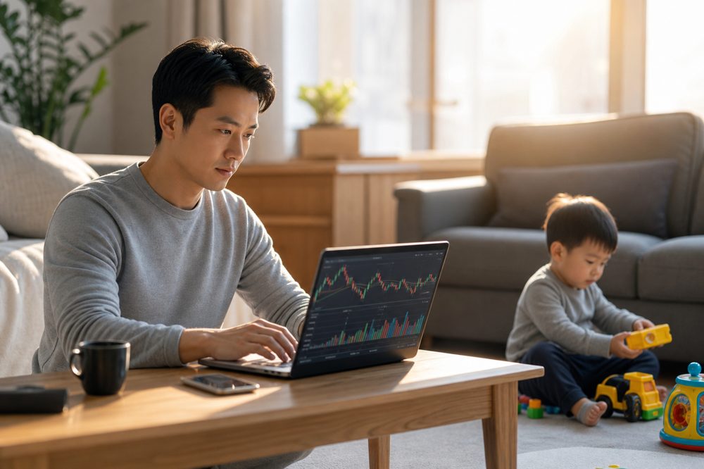 子育て中の父親がリビングで家計管理をしながら子どもと過ごす様子