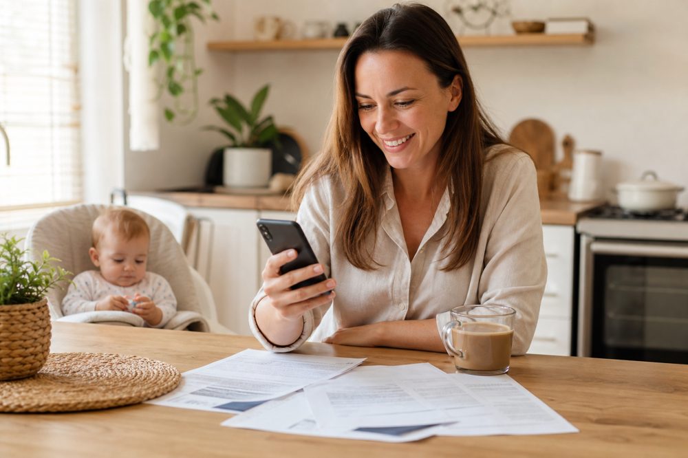 子育て中の母親が公的制度の情報をスマートフォンで確認している様子