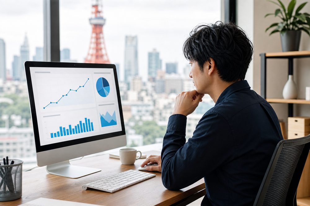 東京都の中小企業オーナーがホームページのアクセス解析を確認するシーン