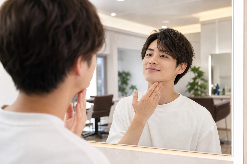 ひげ脱毛で清潔感を手に入れた男性がサロンの鏡の前で自信満々に微笑む