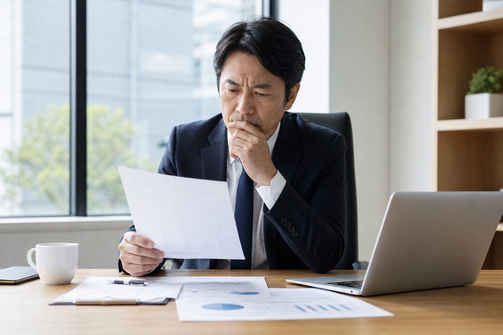 財務書類を見て悩む日本人経営者