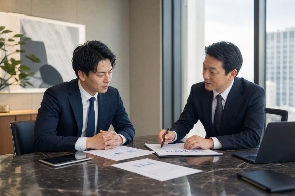 経営者と財務アドバイザーが会議室で資産戦略を協議する様子