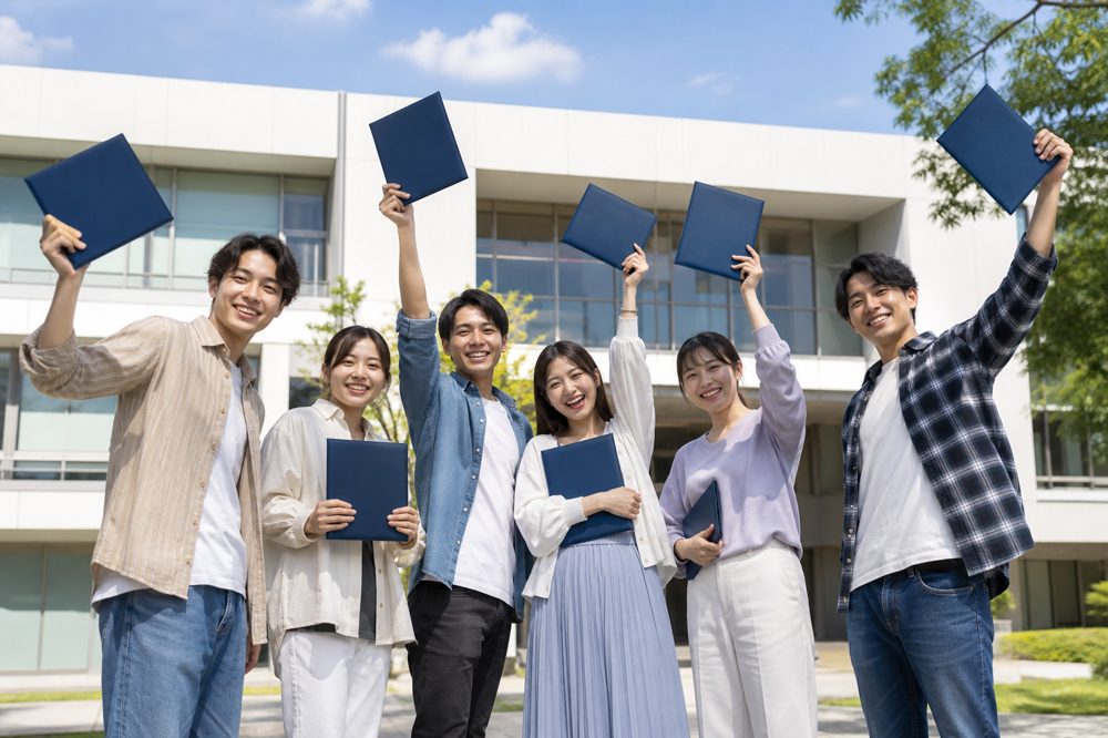 日本語学校の卒業証書を持って校舎前で喜ぶ卒業生たち